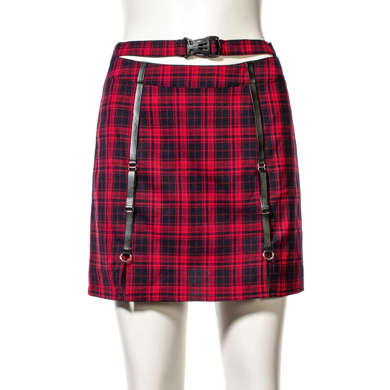 Karierter Rock mit Grunge-Ausschnitt und Schnalle für Damen