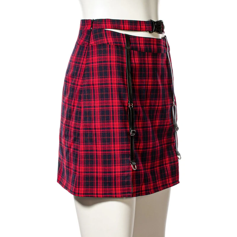 Karierter Rock mit Grunge-Ausschnitt und Schnalle für Damen