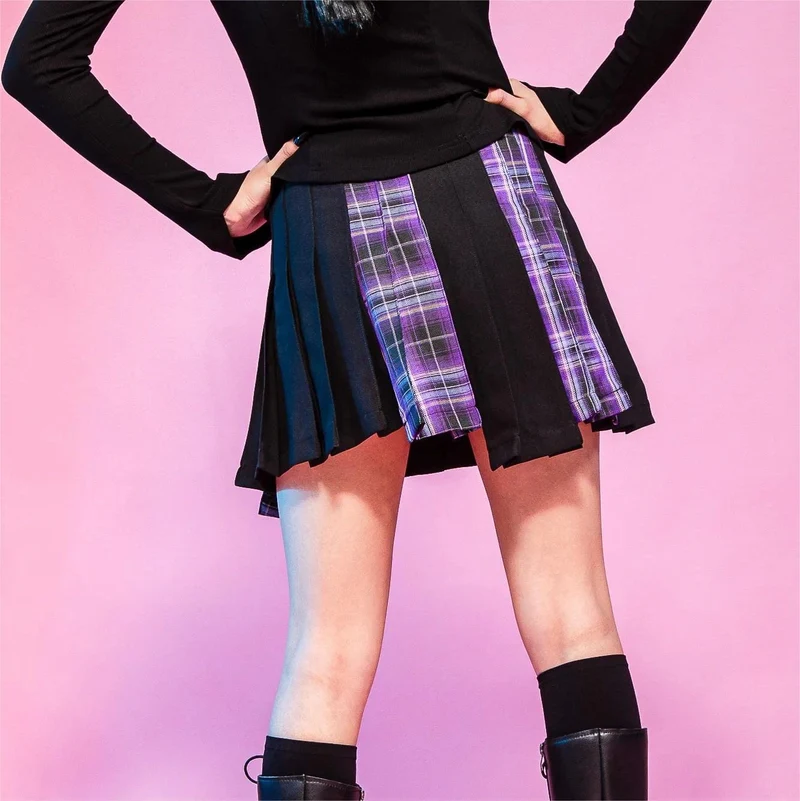Damen-Grunge-Unregelmäßiger Plaid-Splice-Faltenrock Lila