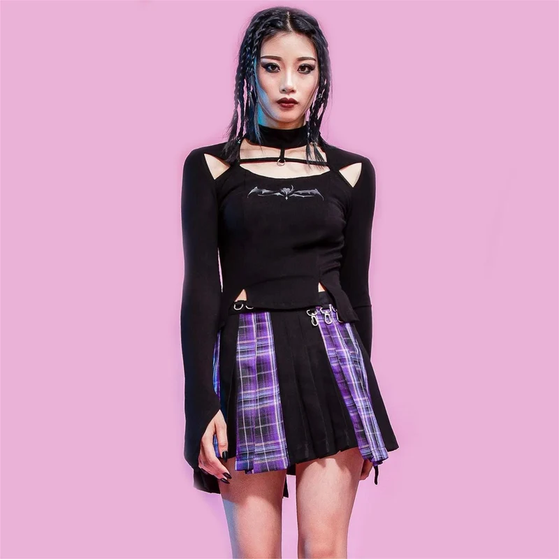 Damen-Grunge-Unregelmäßiger Plaid-Splice-Faltenrock Lila