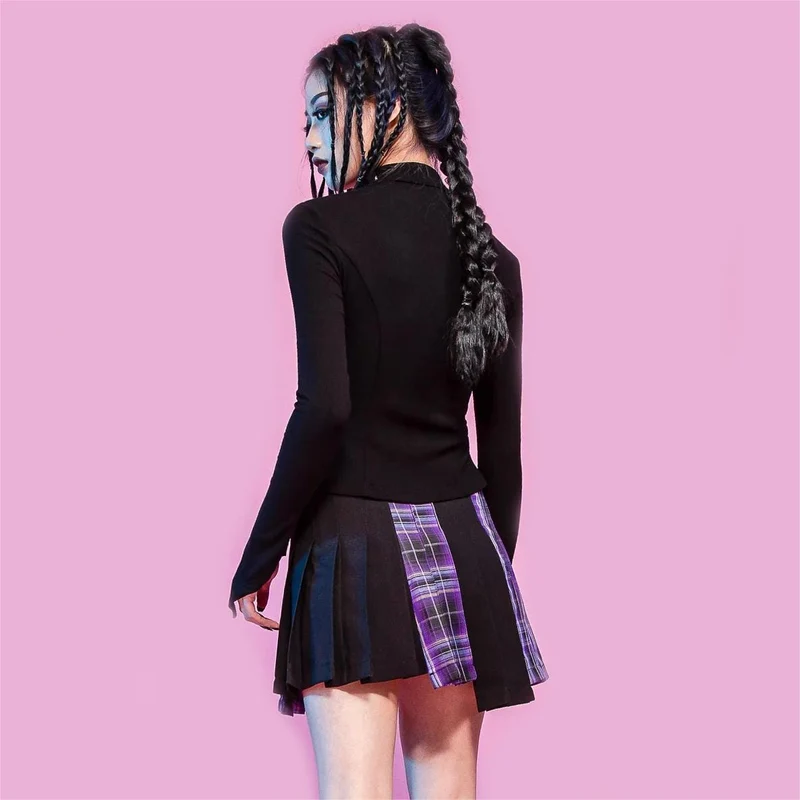 Damen-Grunge-Unregelmäßiger Plaid-Splice-Faltenrock Lila