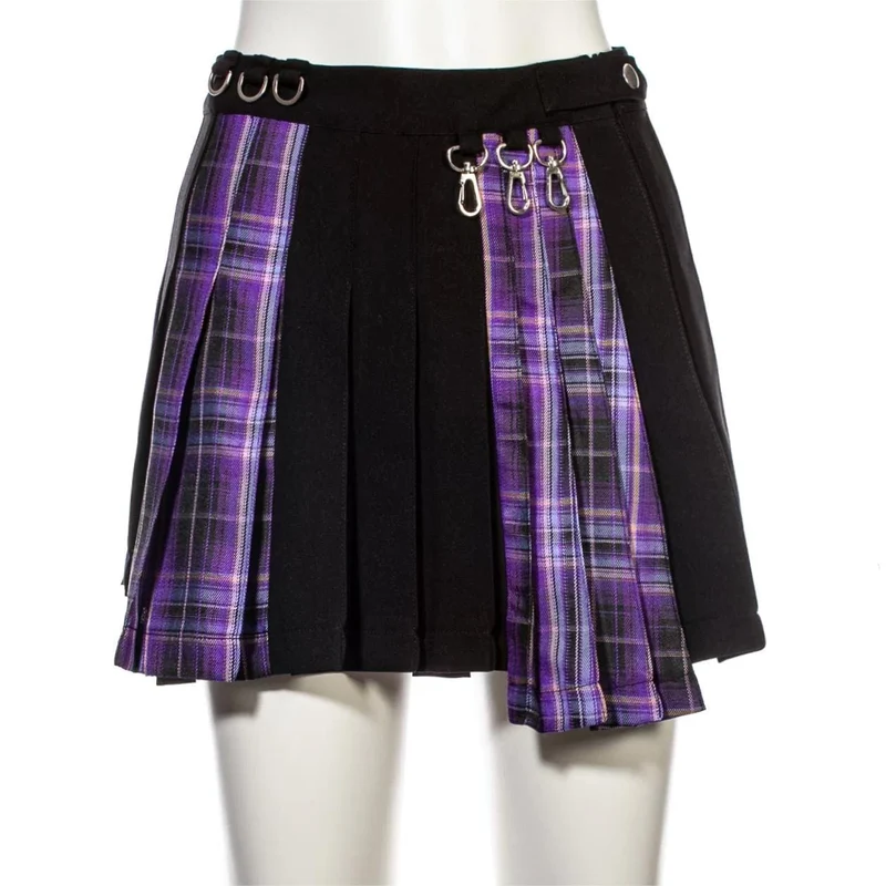 Damen-Grunge-Unregelmäßiger Plaid-Splice-Faltenrock Lila