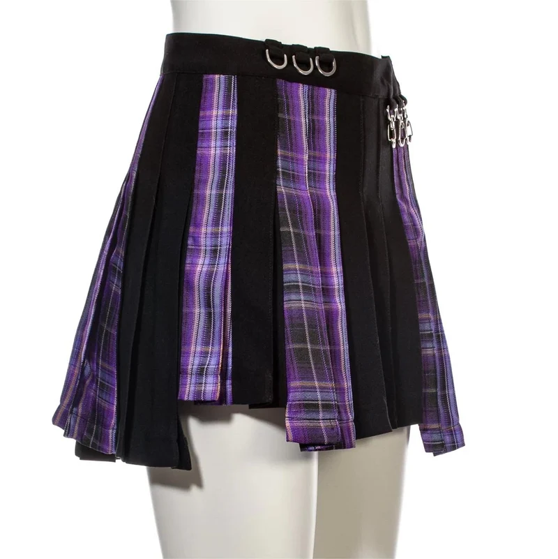 Damen-Grunge-Unregelmäßiger Plaid-Splice-Faltenrock Lila