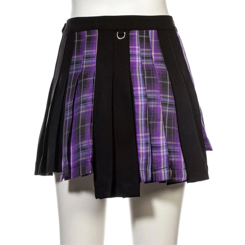 Damen-Grunge-Unregelmäßiger Plaid-Splice-Faltenrock Lila