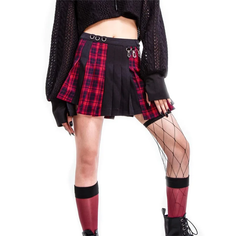 Damen Grunge Unregelmäßiger Plaid Splice Faltenrock Rot