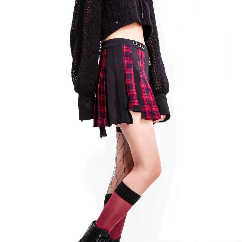 Damen Grunge Unregelmäßiger Plaid Splice Faltenrock Rot