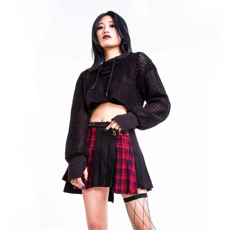 Damen Grunge Unregelmäßiger Plaid Splice Faltenrock Rot