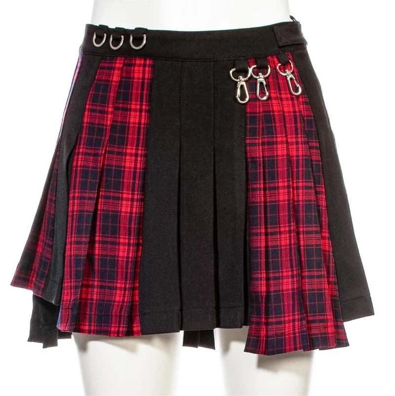 Damen Grunge Unregelmäßiger Plaid Splice Faltenrock Rot