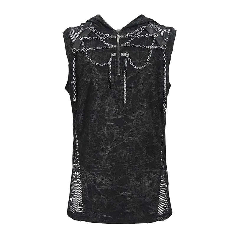 Herren Gothic Skull Mesh Splice Chain Tank Top mit Kapuze