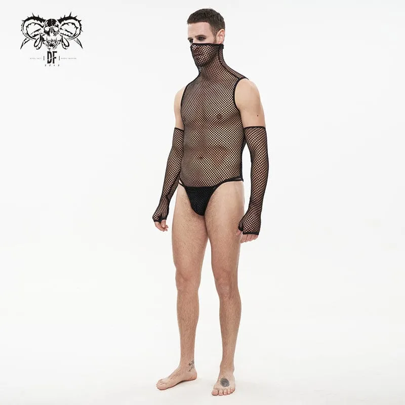 Herren-Punk-Mesh-Bodysuit mit hohem Kragen und Ärmeln