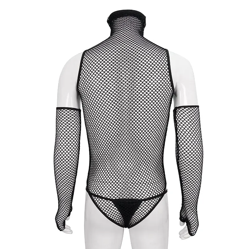 Herren-Punk-Mesh-Bodysuit mit hohem Kragen und Ärmeln