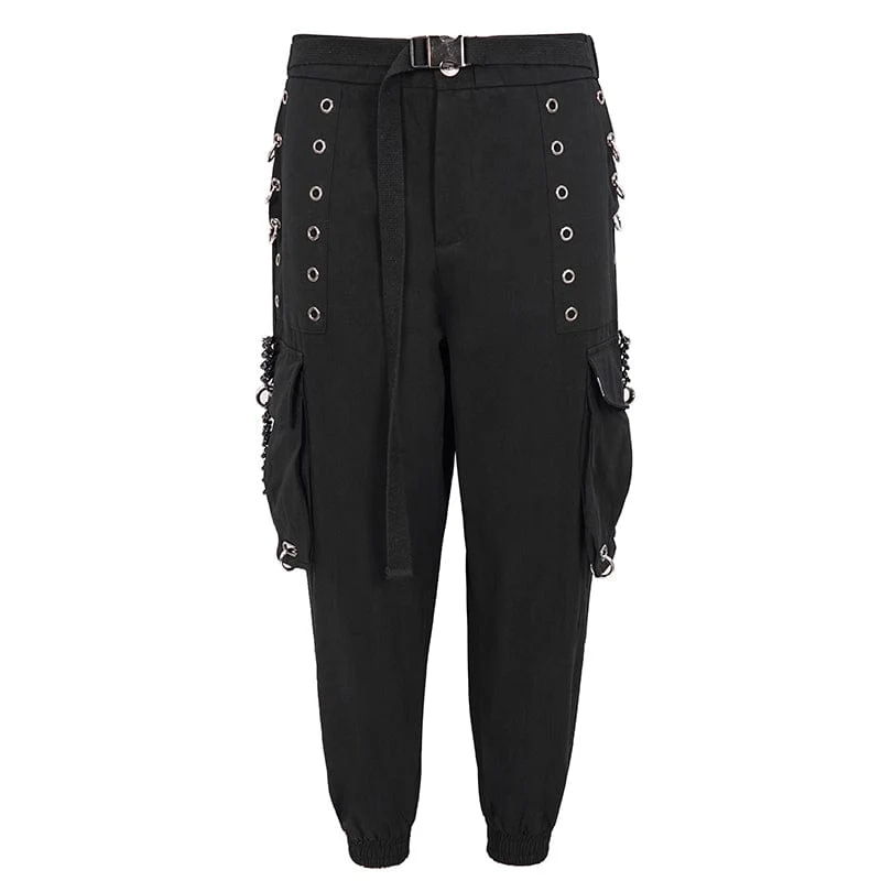 Herren Punk Big-Pocket Ösen Joggerhose mit Riemengürtel