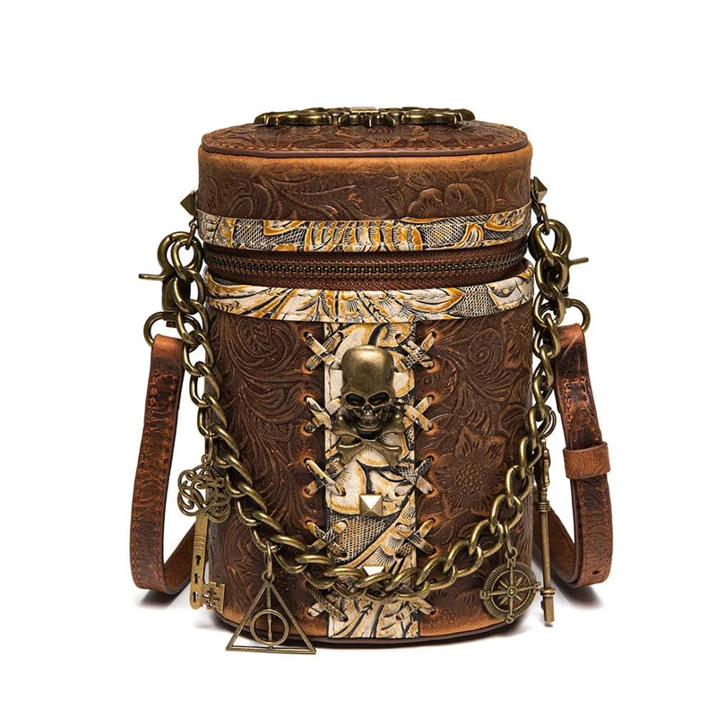 Unisex Steampunk Totenkopf geprägte Bucket Bag mit Kette