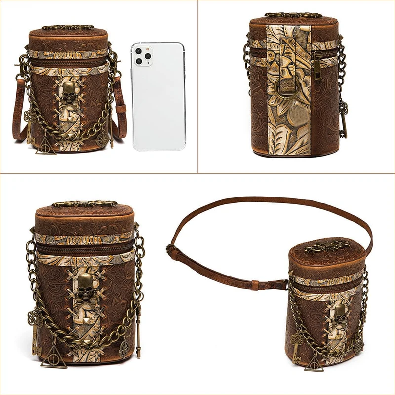 Unisex Steampunk Totenkopf geprägte Bucket Bag mit Kette