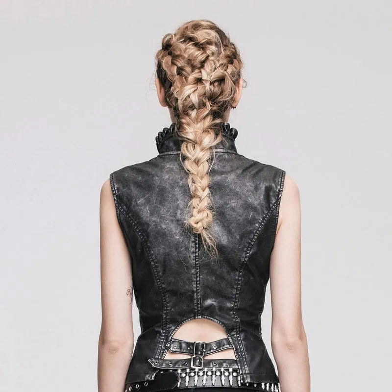 Damen Punk Kunstleder Weste mit Leder Rüschen