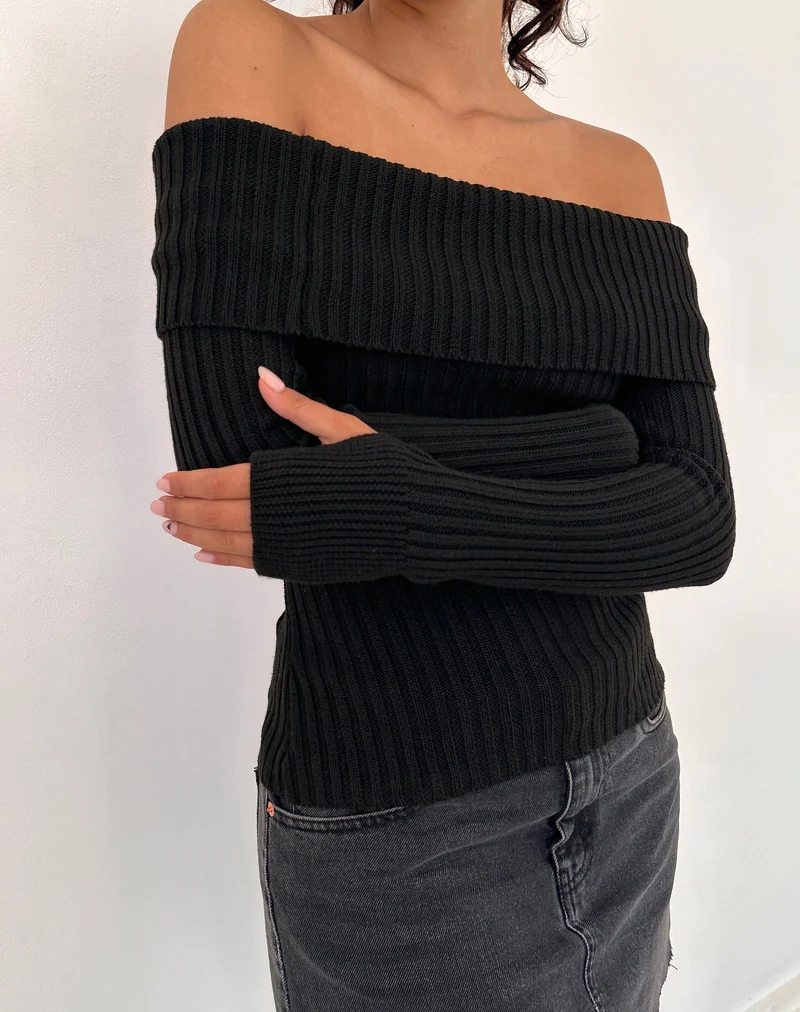 Circe Off-Shoulder Langarm-Strickoberteil in Schwarz