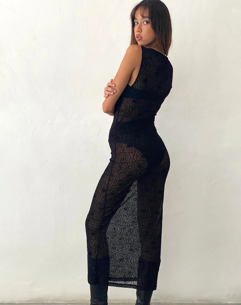 Florian Ungefüttertes Midikleid in Schwarz Abstrakter Blumenflock
