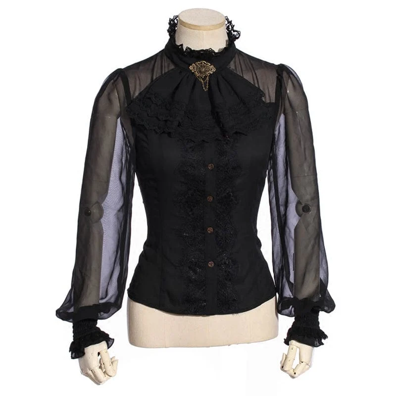 Steampunk-Hemd mit Blumenstickerei und Puffärmeln für Damen mit Halsbekleidung