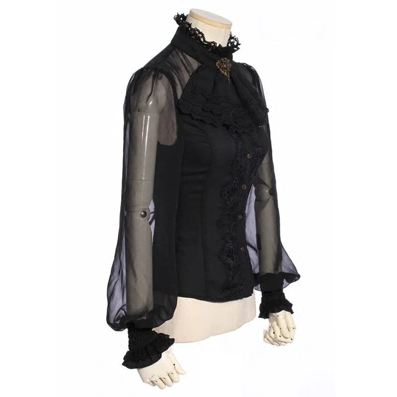 Steampunk-Hemd mit Blumenstickerei und Puffärmeln für Damen mit Halsbekleidung