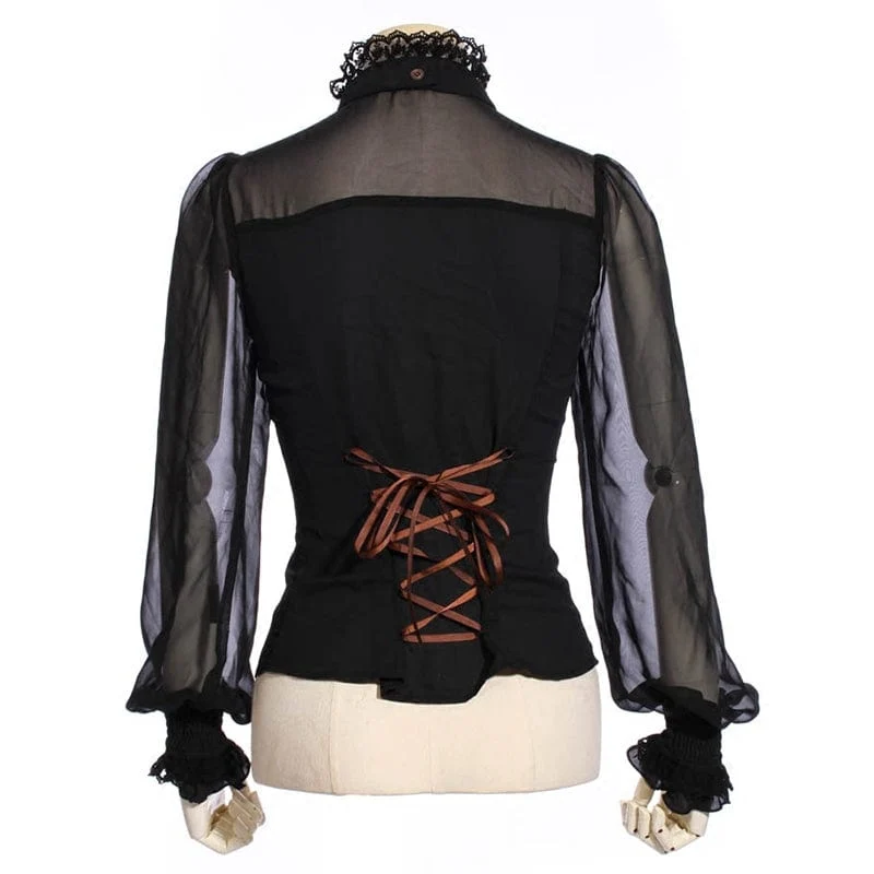 Steampunk-Hemd mit Blumenstickerei und Puffärmeln für Damen mit Halsbekleidung