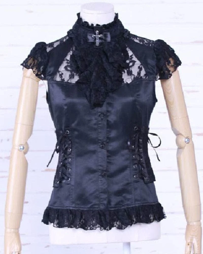 Damen Steampunk Strappy Lace Splice Shirt mit Neckwear
