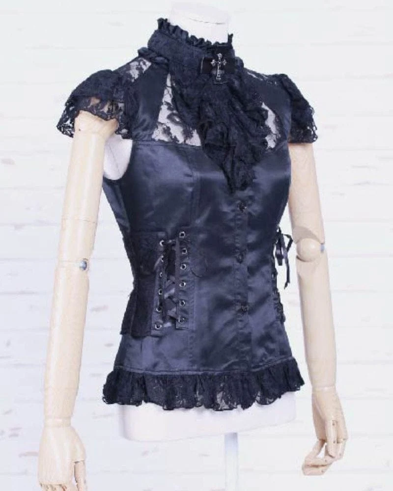 Damen Steampunk Strappy Lace Splice Shirt mit Neckwear