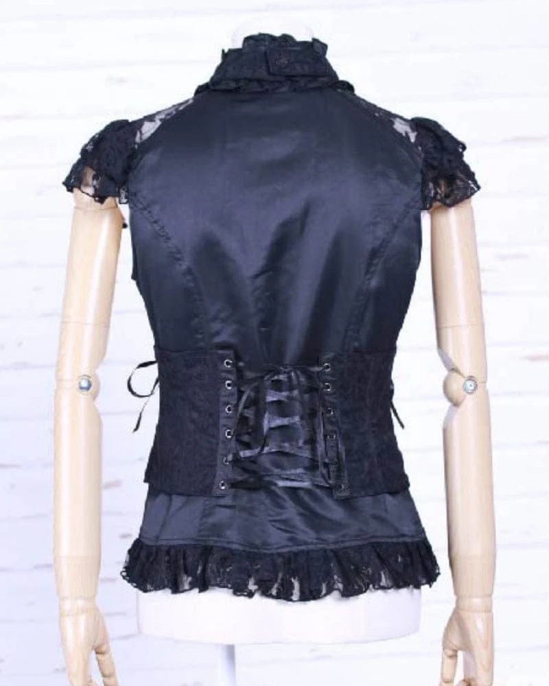 Damen Steampunk Strappy Lace Splice Shirt mit Neckwear