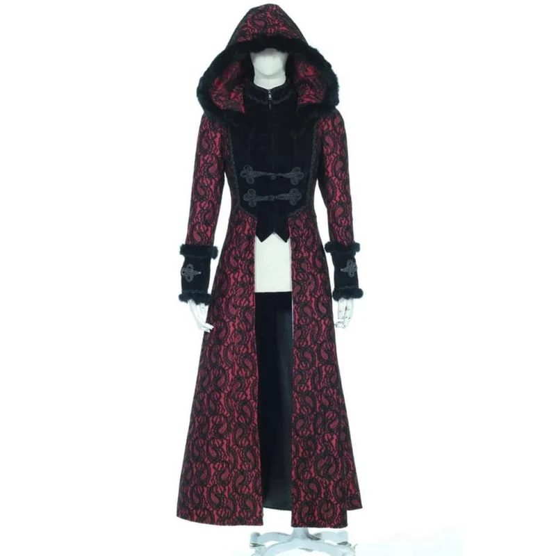 Damen Steampunk Faux Fur Splice Maxi Mantel mit Kapuze