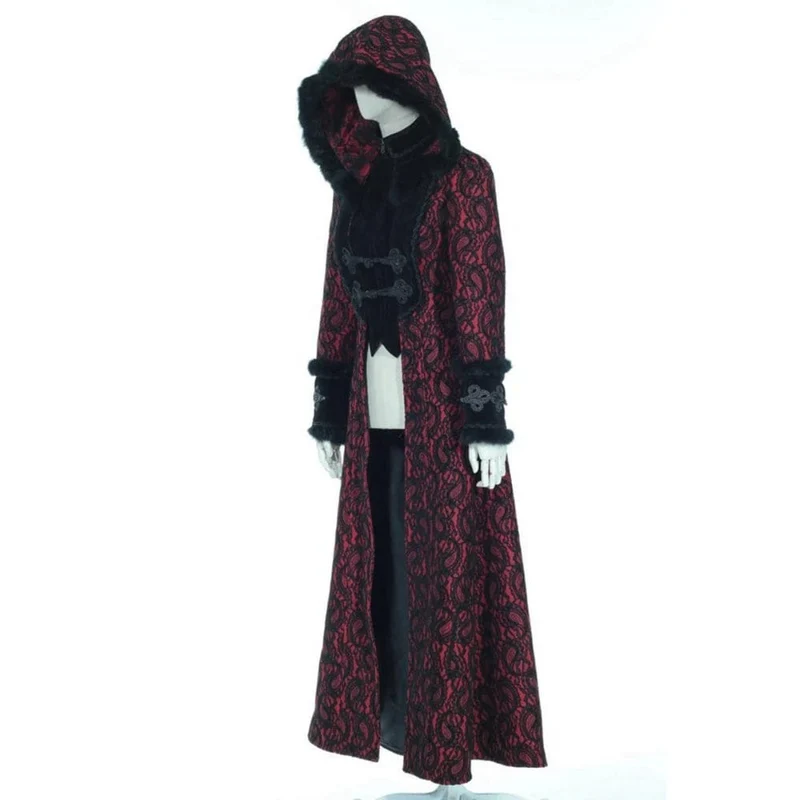 Damen Steampunk Faux Fur Splice Maxi Mantel mit Kapuze