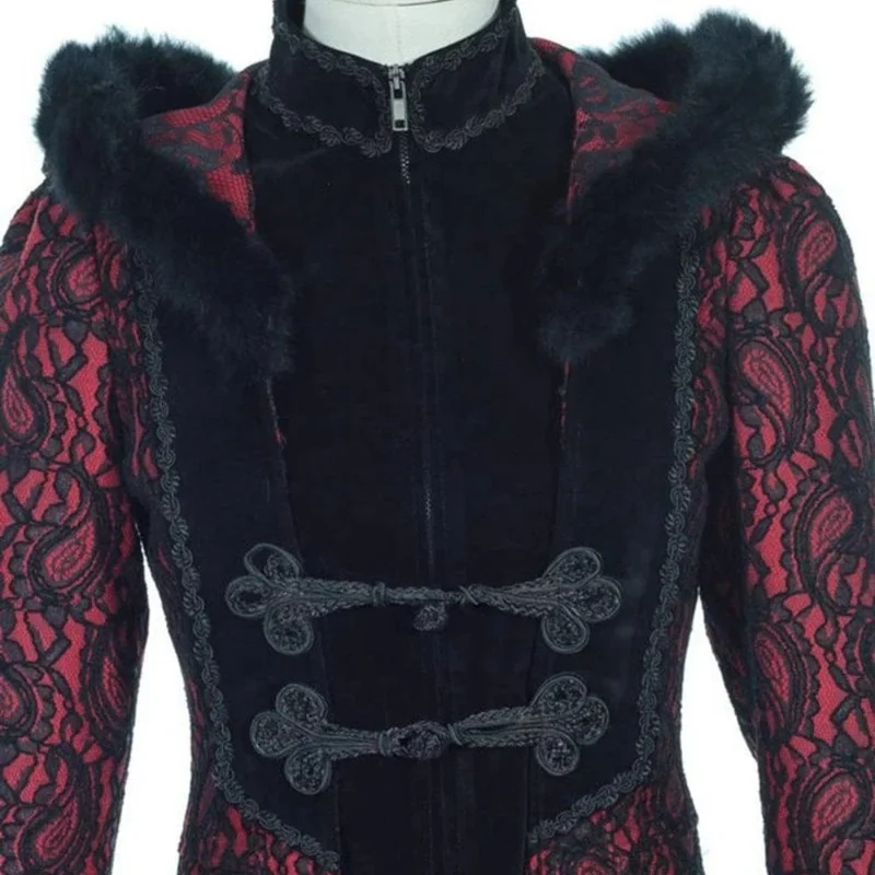 Damen Steampunk Faux Fur Splice Maxi Mantel mit Kapuze