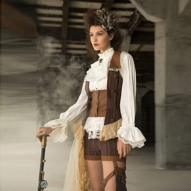 Damen-Steampunk-Spitzensaum-Rüschenhemd mit Halsbekleidung