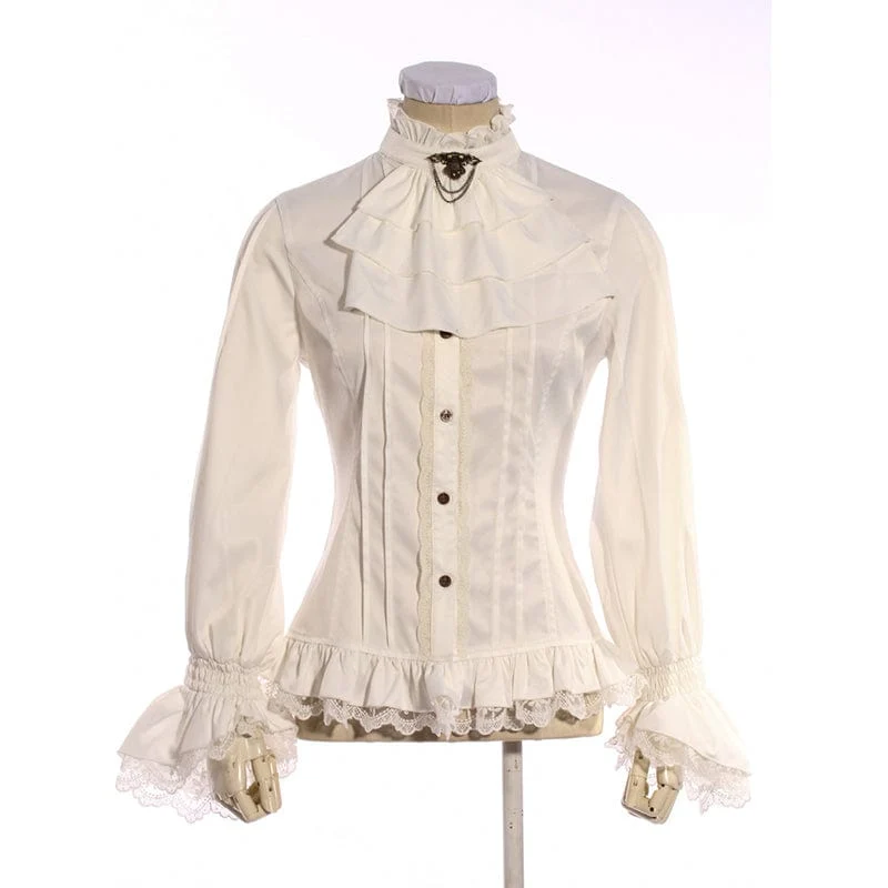 Damen-Steampunk-Spitzensaum-Rüschenhemd mit Halsbekleidung