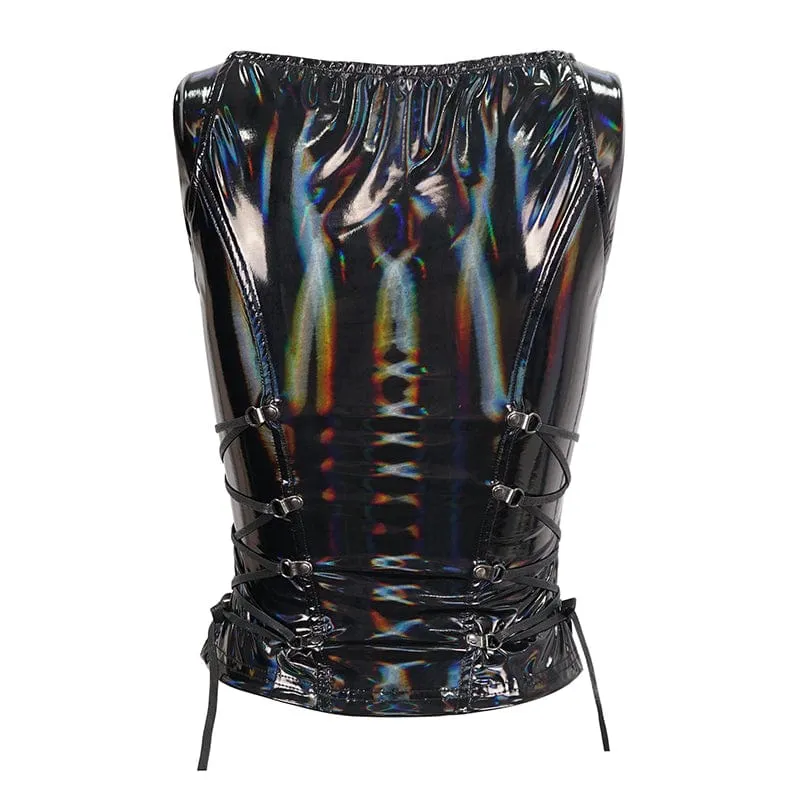 Damen-Punk-Riemchen-Plunging-Weste aus Lacklederimitat