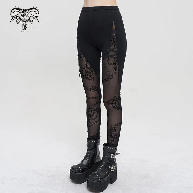Damen Gothic Mesh Splice Chain Leggings