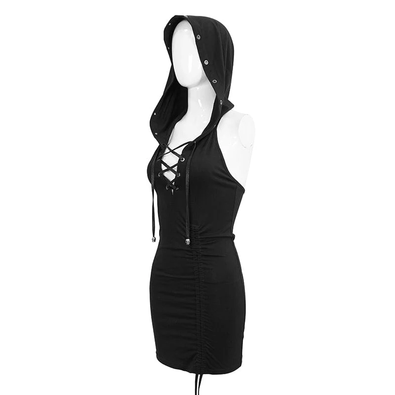 Damen Punk Tiefer Neckholder-Kleid mit Kordelzug und Kapuze