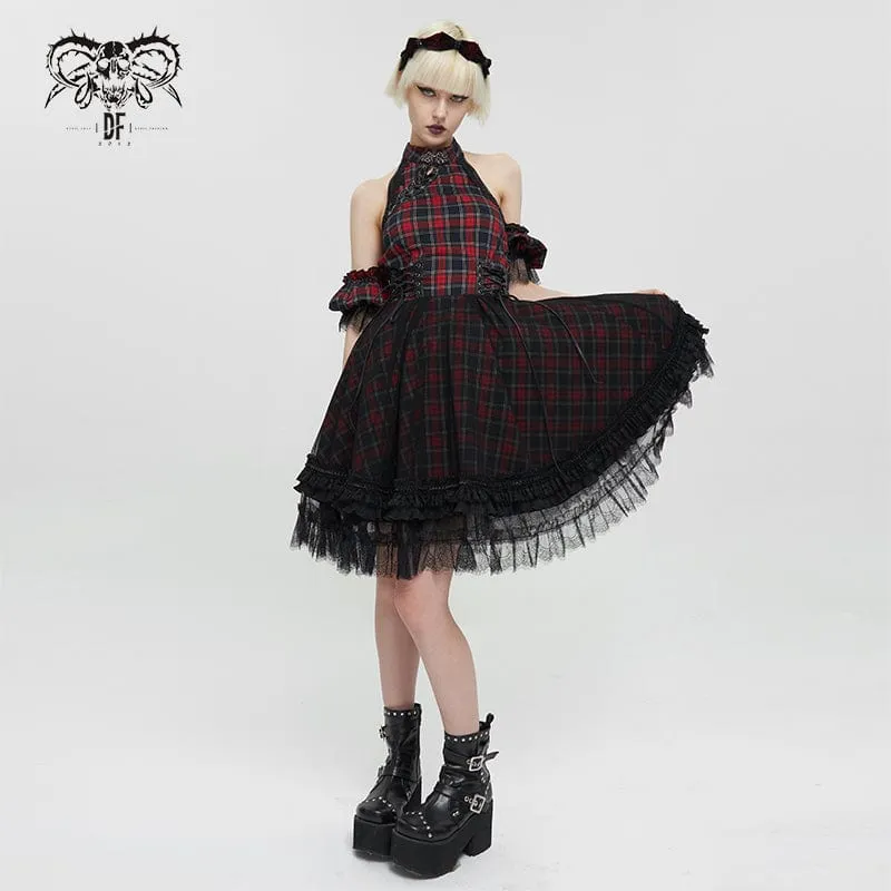 Damen Grunge schulterfreies Cheongsam-Kragen-kariertes Kleid