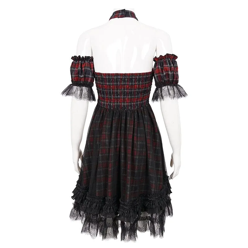 Damen Grunge schulterfreies Cheongsam-Kragen-kariertes Kleid