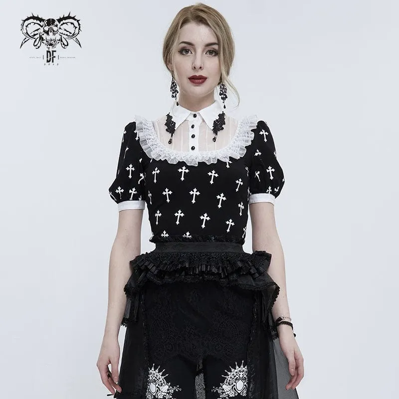 Zweifarbiges, gekräuseltes Gothic-Hemd für Damen mit Kreuzdruck