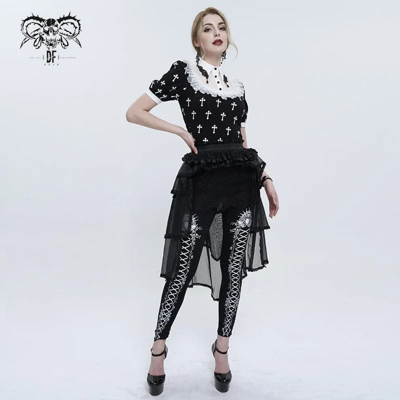 Zweifarbiges, gekräuseltes Gothic-Hemd für Damen mit Kreuzdruck