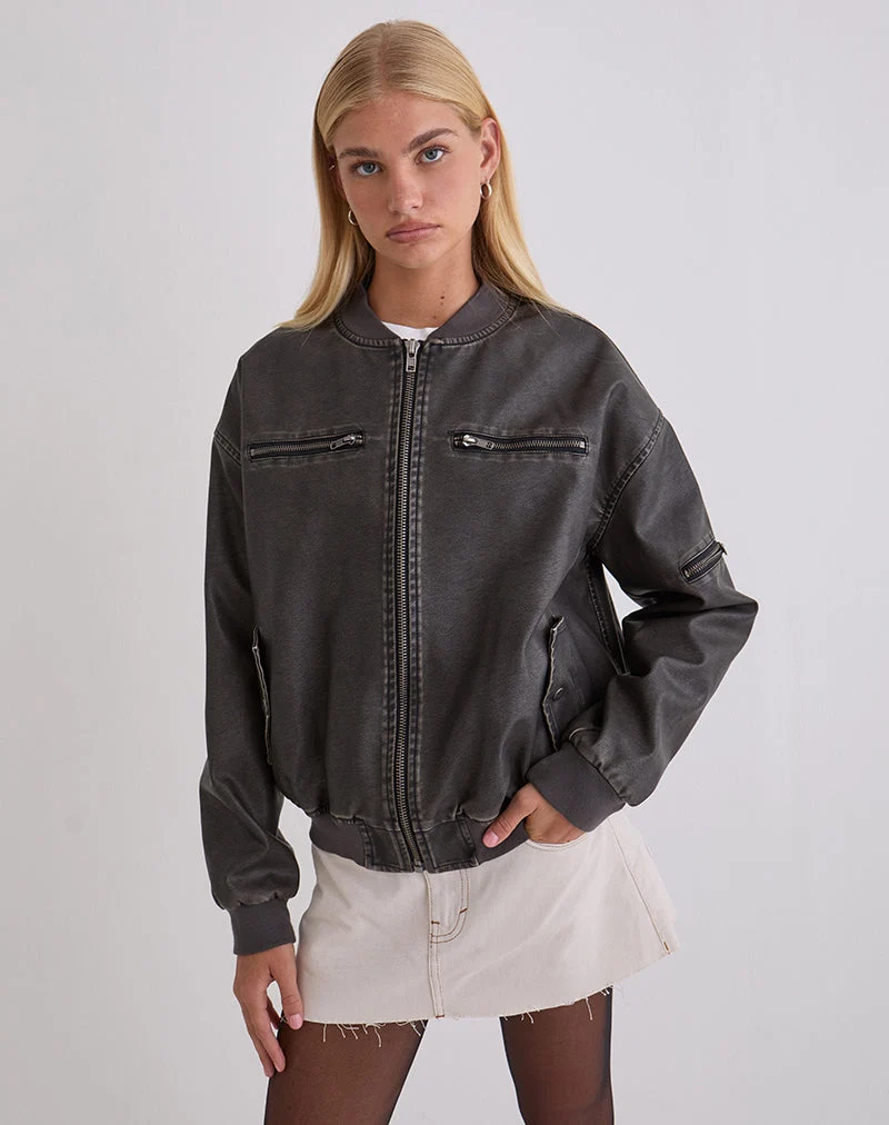 Marco Distressed Bomberjacke in PU Charcoal