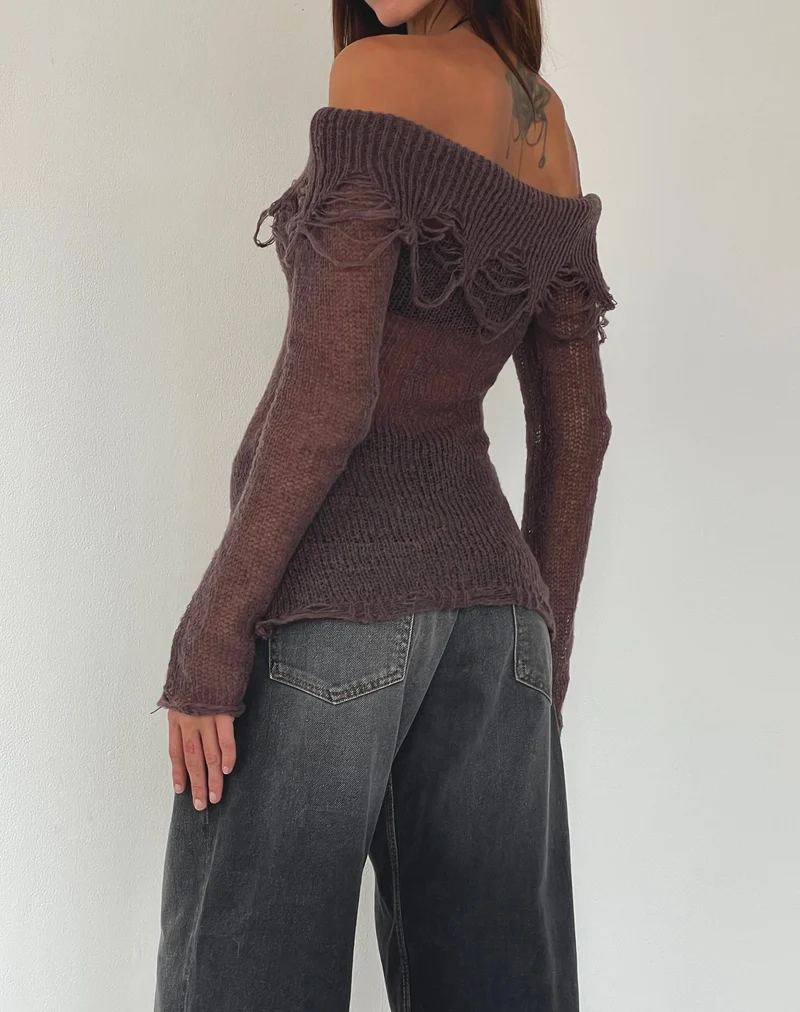 Milena Distress Knit Langarm Bardot Top in Maroon