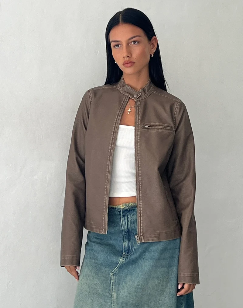 Mildred Distressed Biker Jacke in PU Olive
