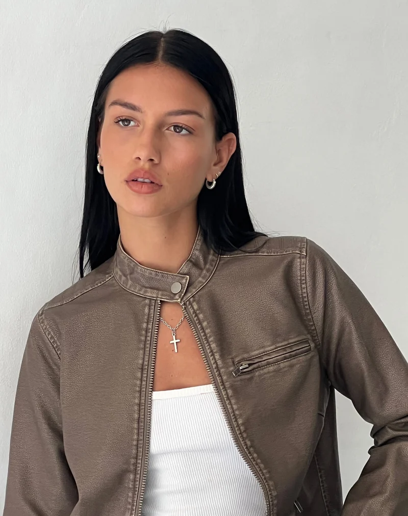 Mildred Distressed Biker Jacke in PU Olive