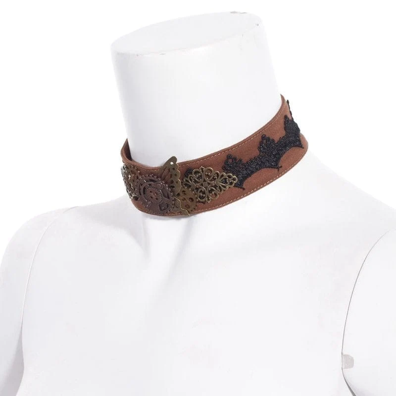 Damen Steampunk Gear Splice Floral bestickter Choker