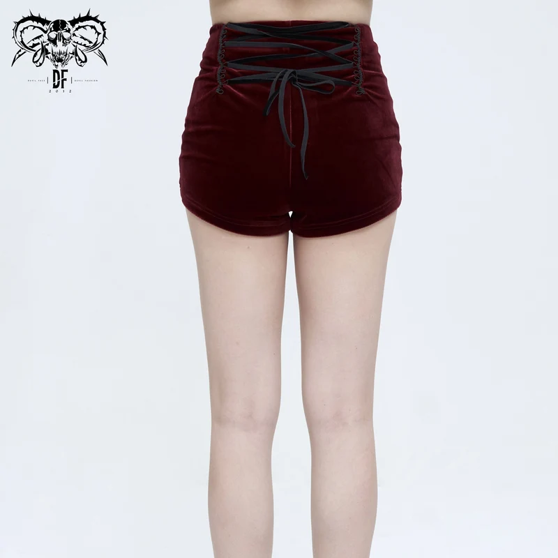 Damen Gothic Blumen bestickte Kette Samt Shorts rot