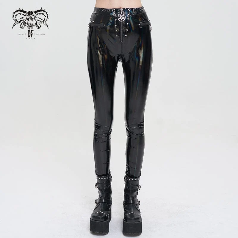 Punk-Leggings aus Kunstlackleder mit Sternenreißverschluss für Damen