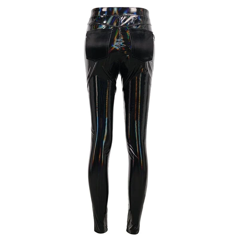Punk-Leggings aus Kunstlackleder mit Sternenreißverschluss für Damen