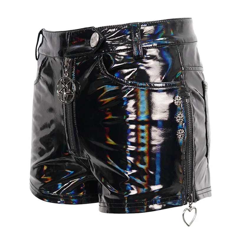 Damen Punk Faux Lackleder Star Zipper Shorts