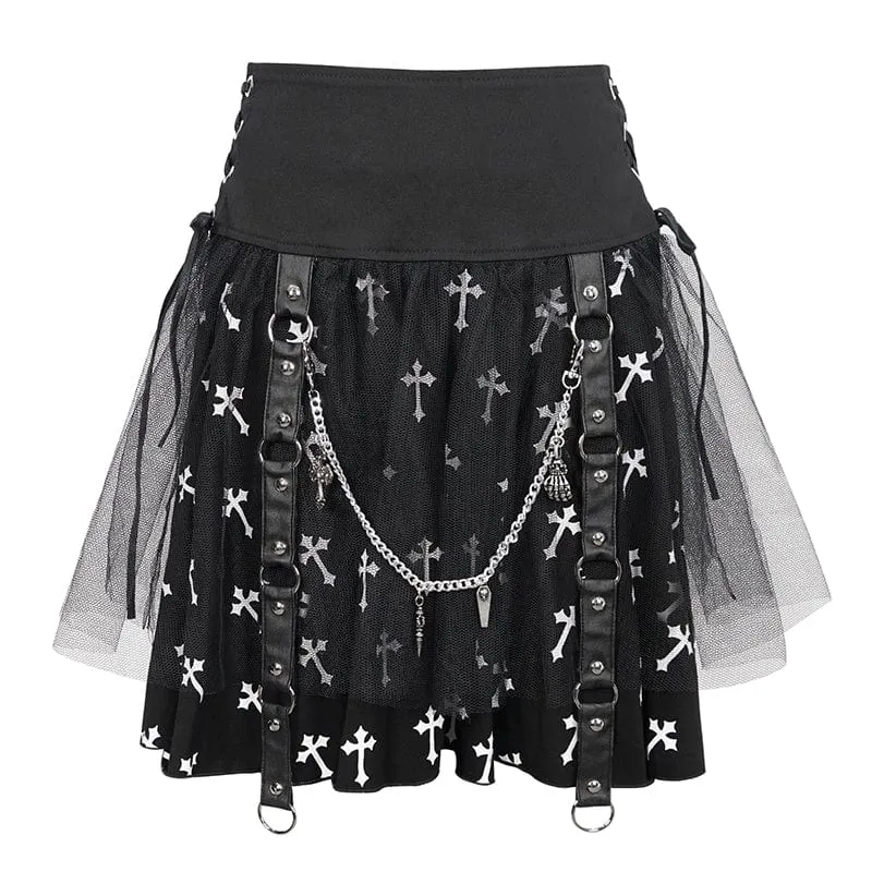 Damenrock mit gotischem Kreuzmuster und gespleißter Kette aus Mesh