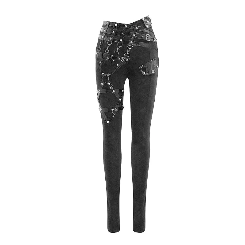 Damen-Punk-Pentogramm-Leggings mit Kunstlederband